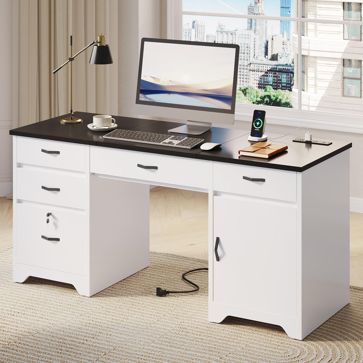 White Office Desk with Lockable Drawers and Charging Station Z882