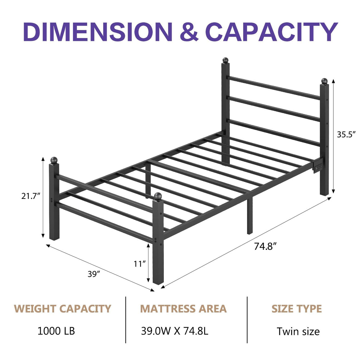 Black Twin Bed Frame with LED Lights and Charging Station G388
