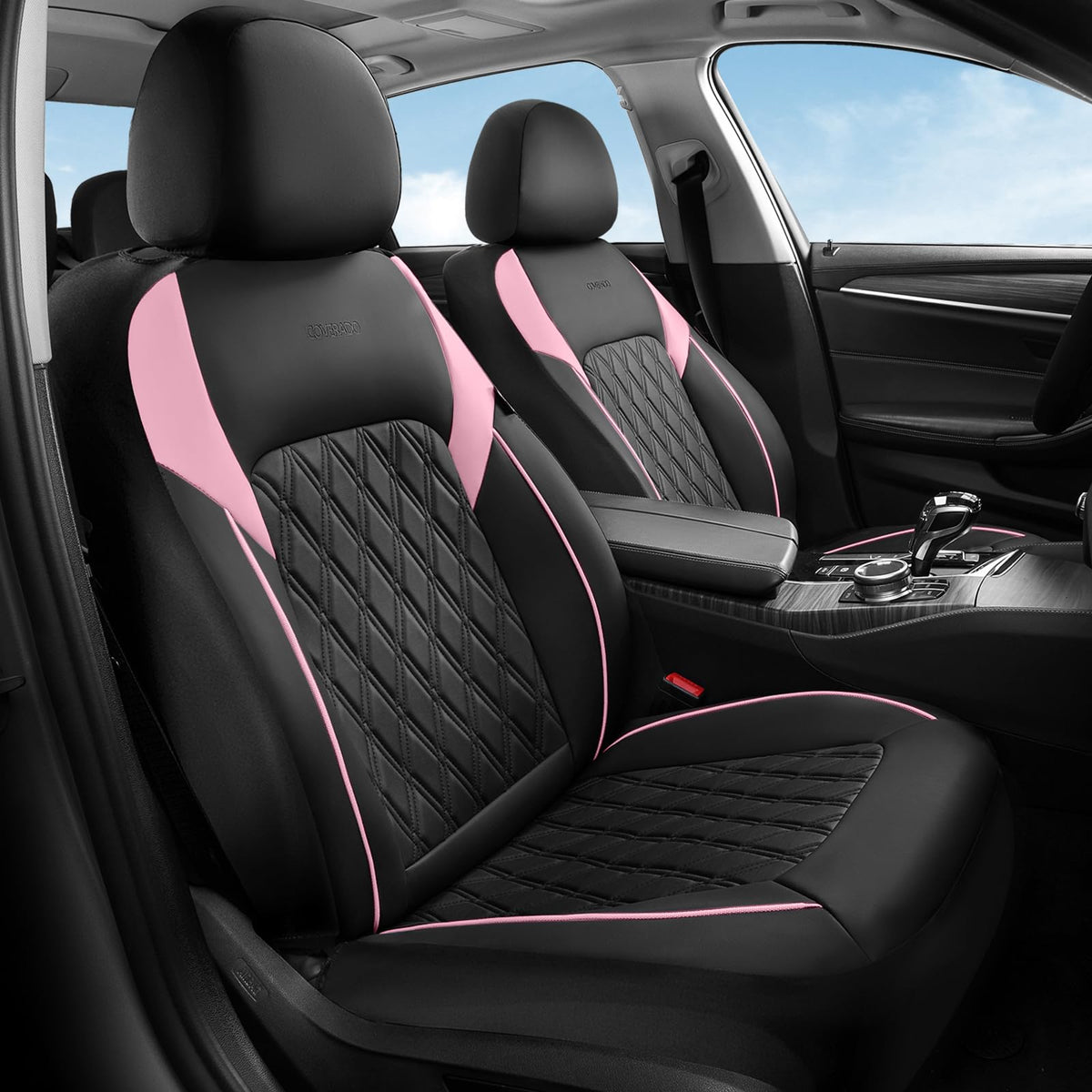 Black Pink Faux Leather Car Seat Covers Full Set E57200