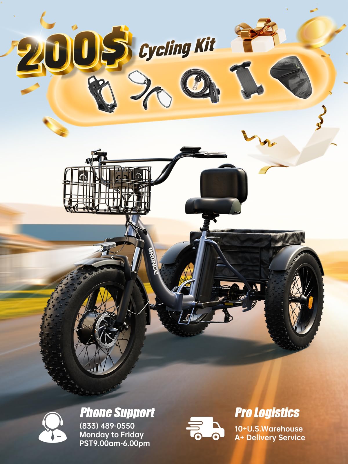 Electric Tricycle for Adults 1200W 36V 20AH Fat Tire Folding D679949