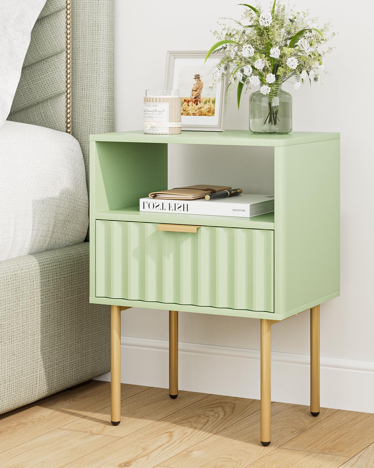 Green Night Stand with Drawer and Shelf Y3786