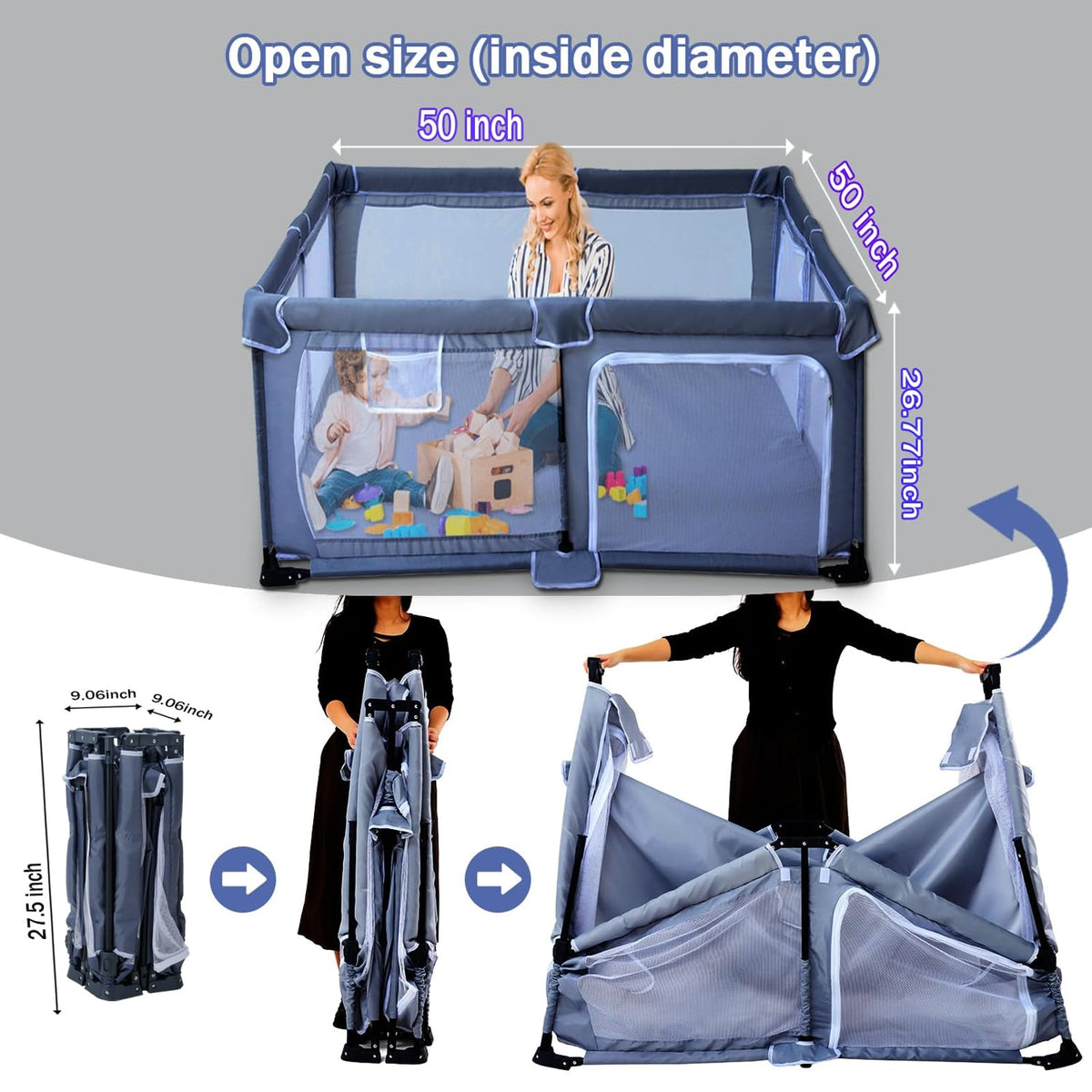 Foldable Baby Playpen with Mat and Storage Bags J36122