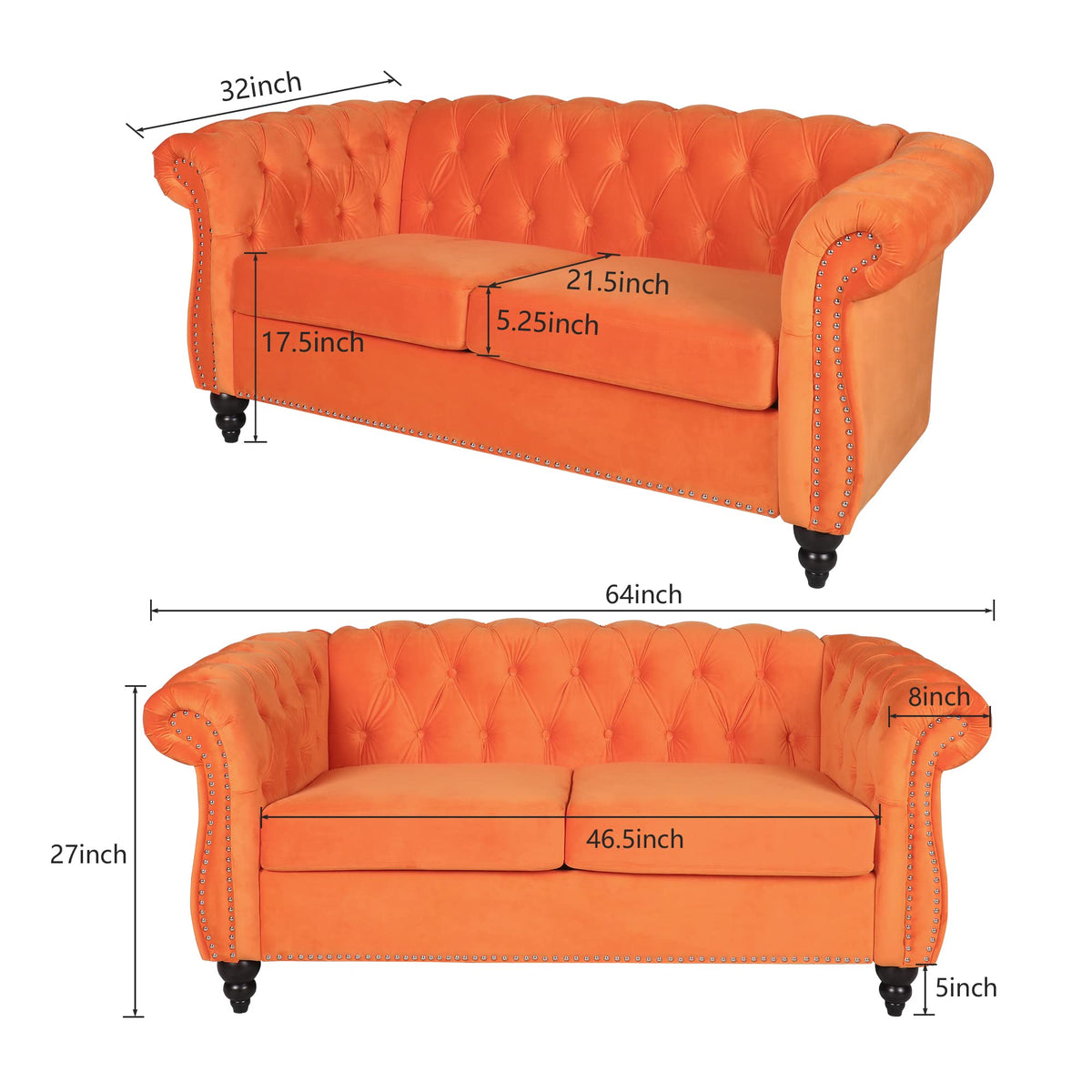 Orange Velvet Chesterfield Sofa Loveseat and Chair H807887