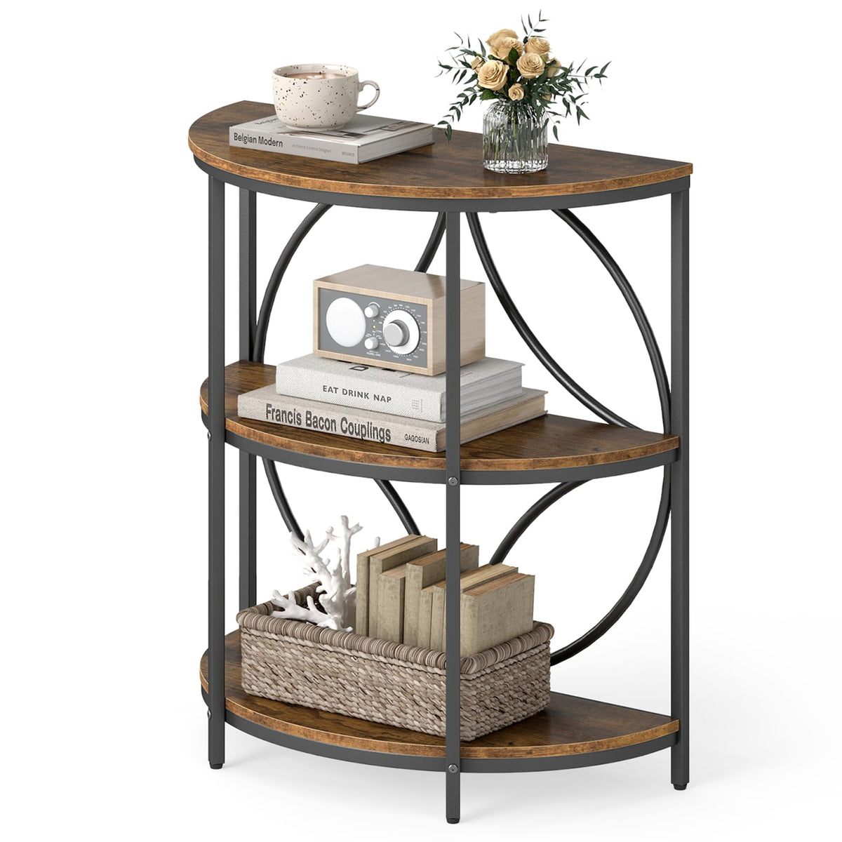 Half Round 3-Tier Sofa Side Table with Storage Shelves O45928