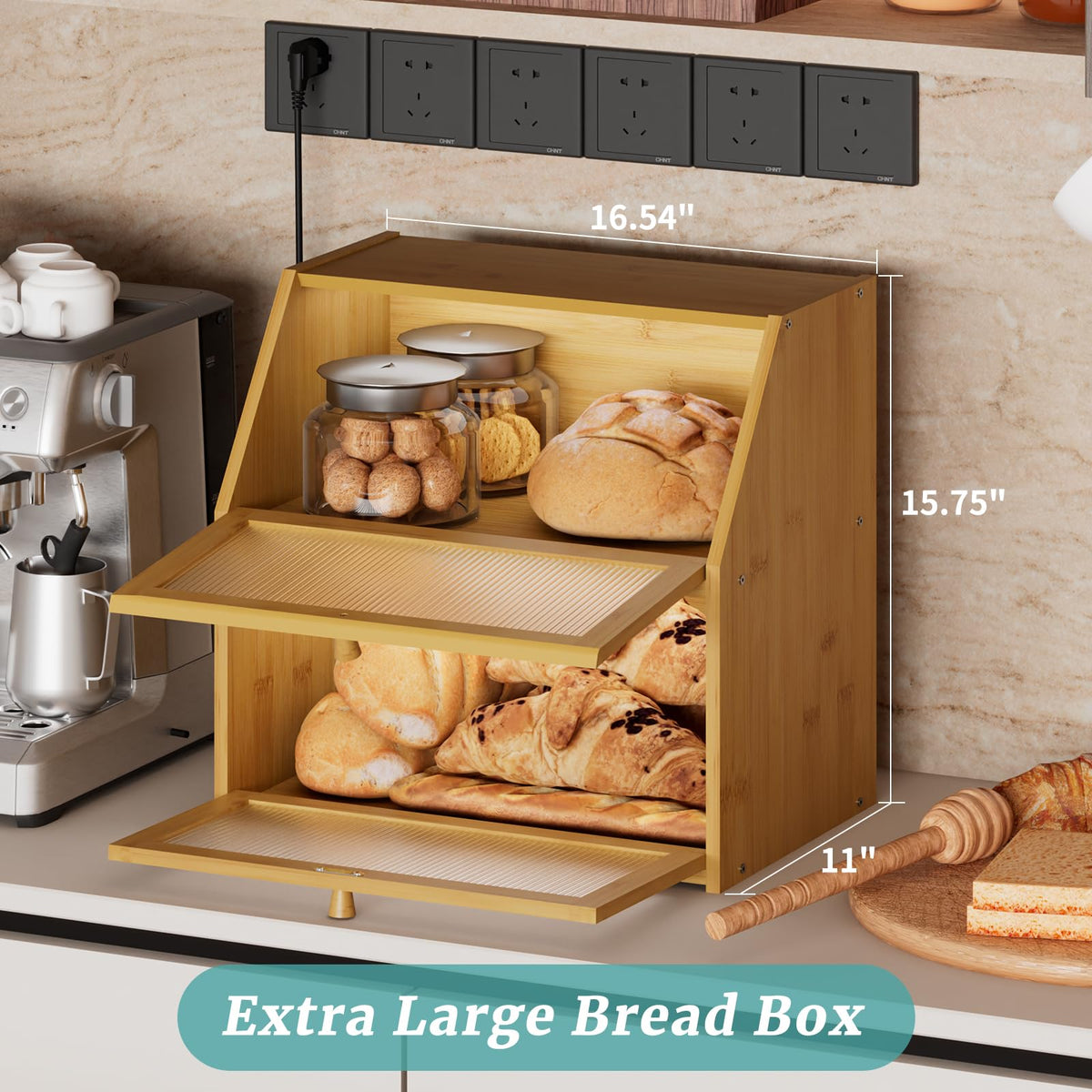 Extra Large Bamboo Wood Double Layer Bread Box X8297