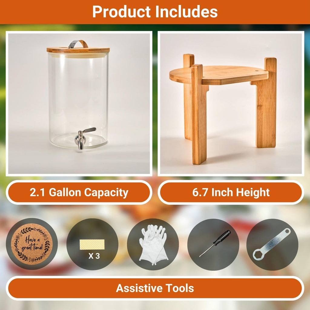 2.1 Gallon Glass Beverage Dispenser with Bamboo Stand and Spigot W1533