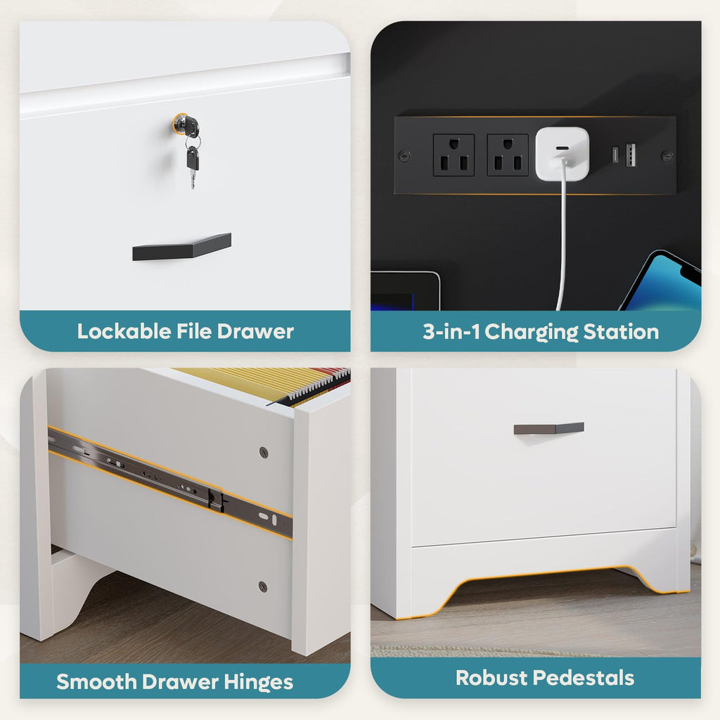 White Office Desk with Lockable Drawers and Charging Station Z882