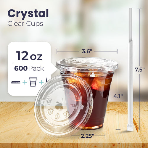 12 oz Clear Plastic Cups with Lids and Straws Y2604