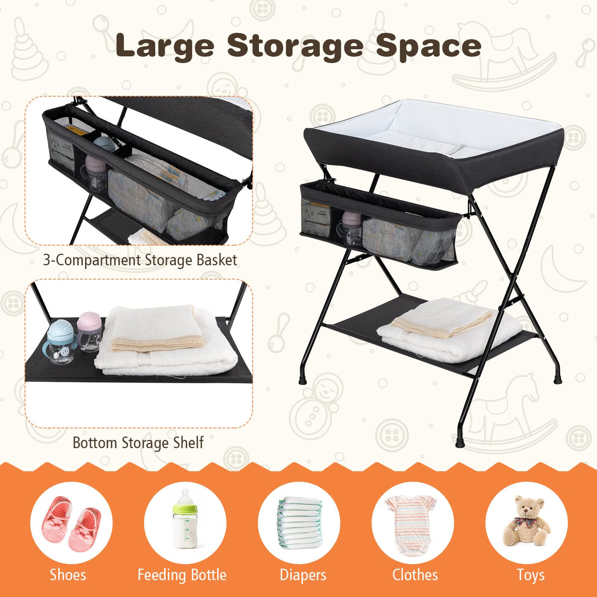 Portable Baby Changing Table with Safety Belt Black L444