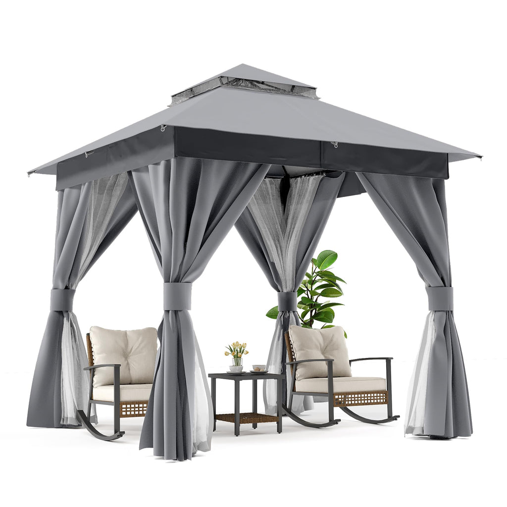 8'x8' Heavy Duty Patio Gazebo with Double Roofs, Mosquito Nettings and Privacy Screens M825052