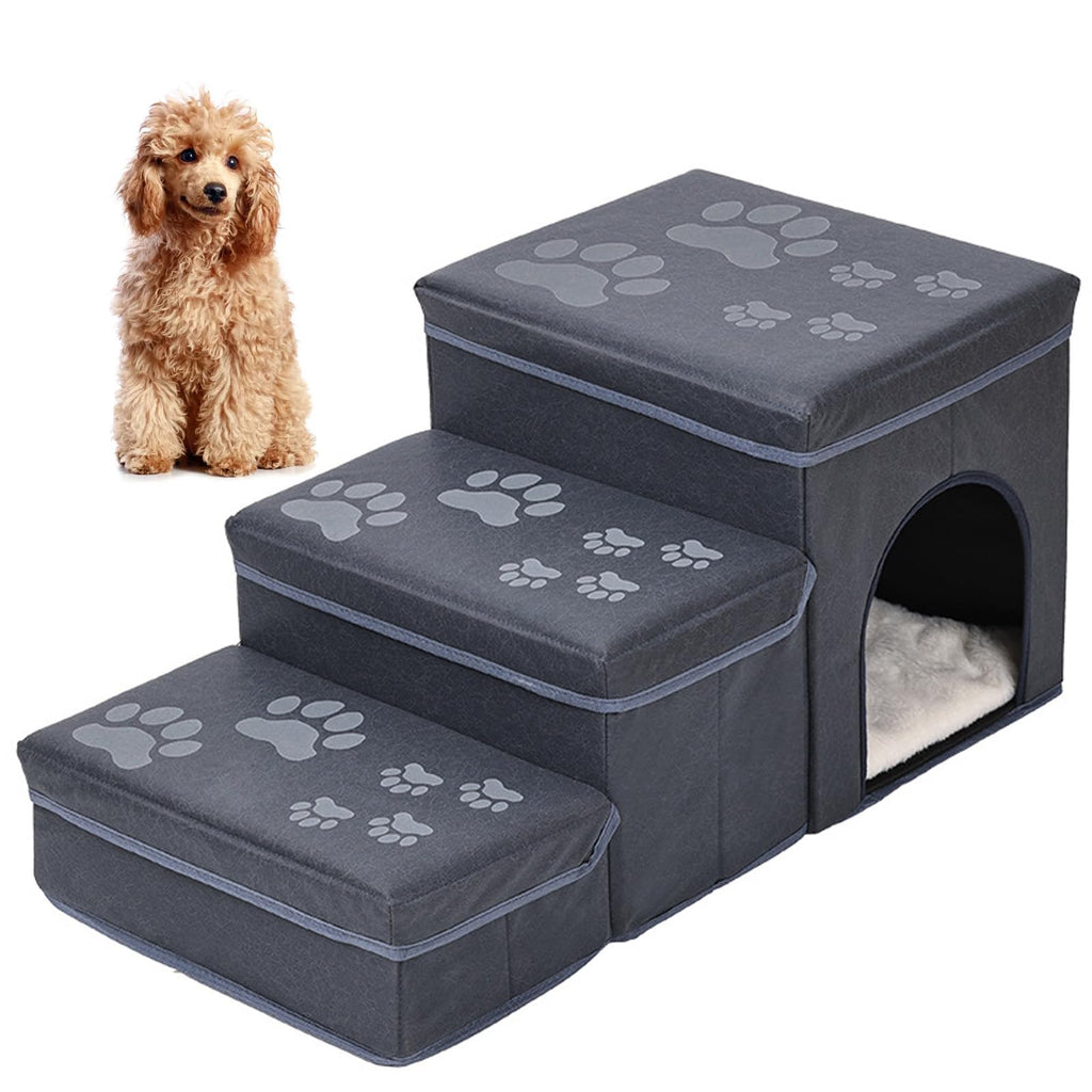 Folding Pet Ramp with Storage, Non Slip Dog Stairs, Grey C924311