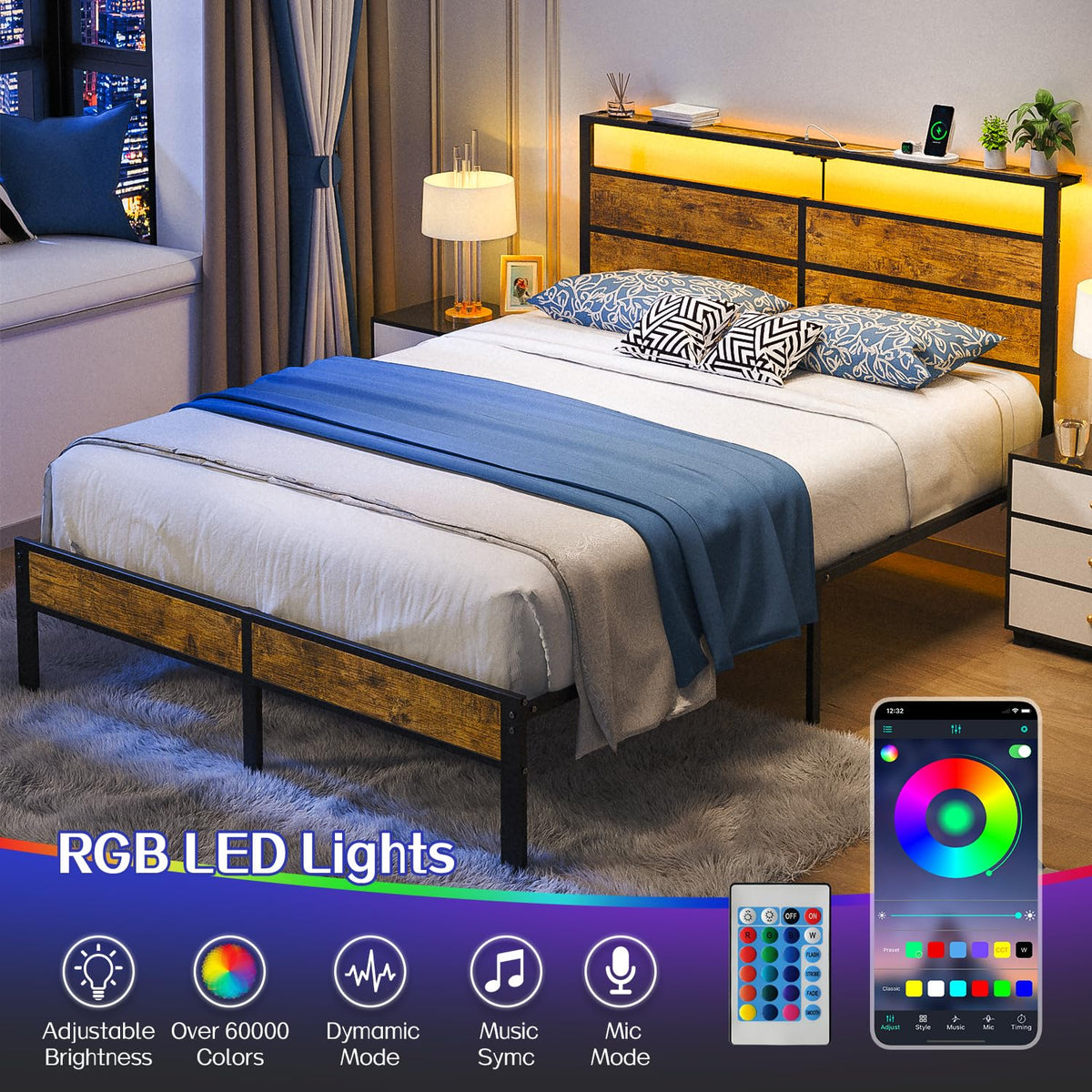 Full Size Platform Bed Frame with Charging Station Headboard and LED Lights O18231