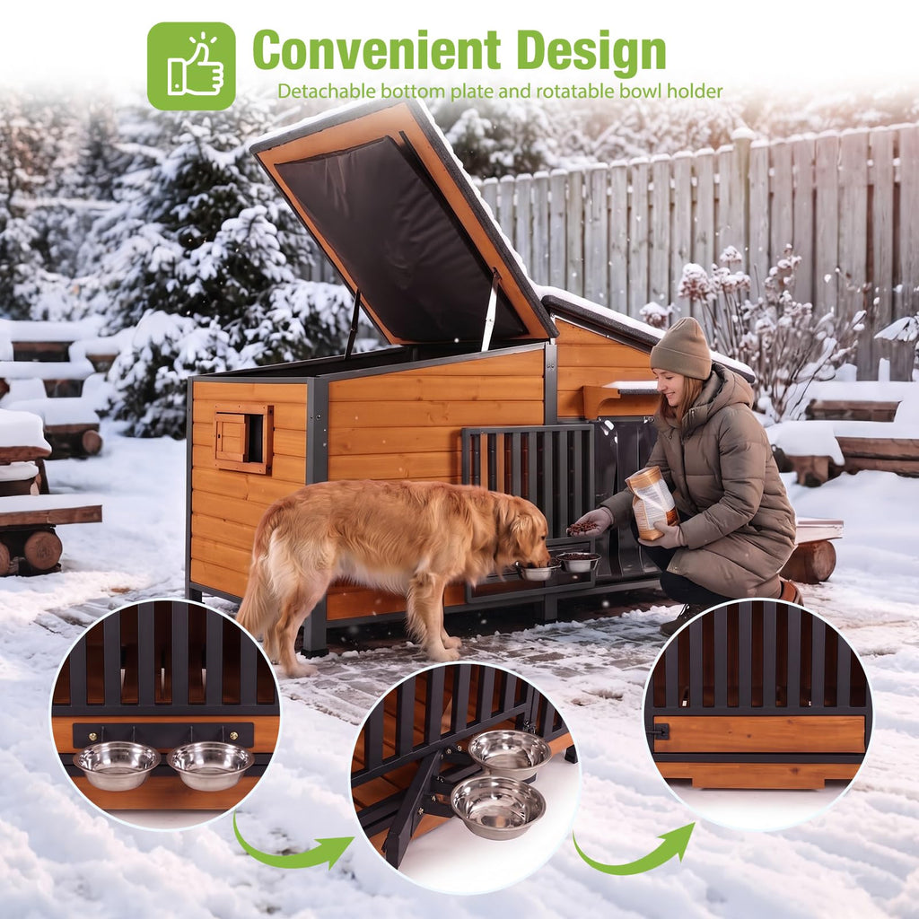 60" Heated Dog House with Heated Pad and Rotating Food Bowl S68552
