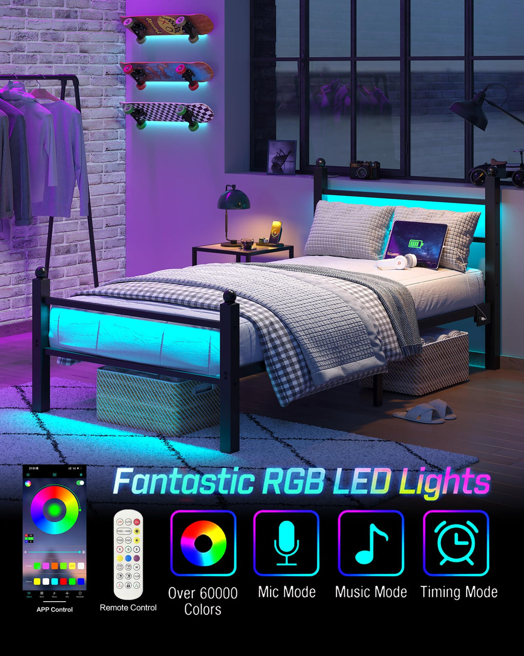 Black Twin Bed Frame with LED Lights and Charging Station G388