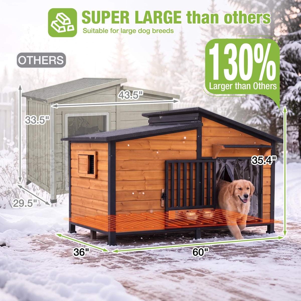 60" Heated Dog House with Heated Pad and Rotating Food Bowl S68552