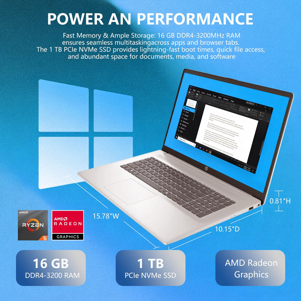17.3" Touch Screen Laptop, 32GB RAM, 1TB SSD, AMD Ryzen 5, Windows 11 Pro, Silver R308