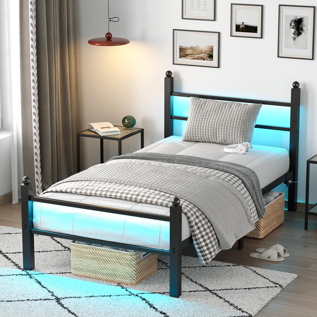 Black Twin Bed Frame with LED Lights and Charging Station G388