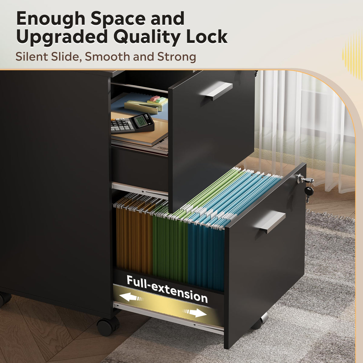 2 Drawer Wood File Cabinet with Lock, Black Y353975