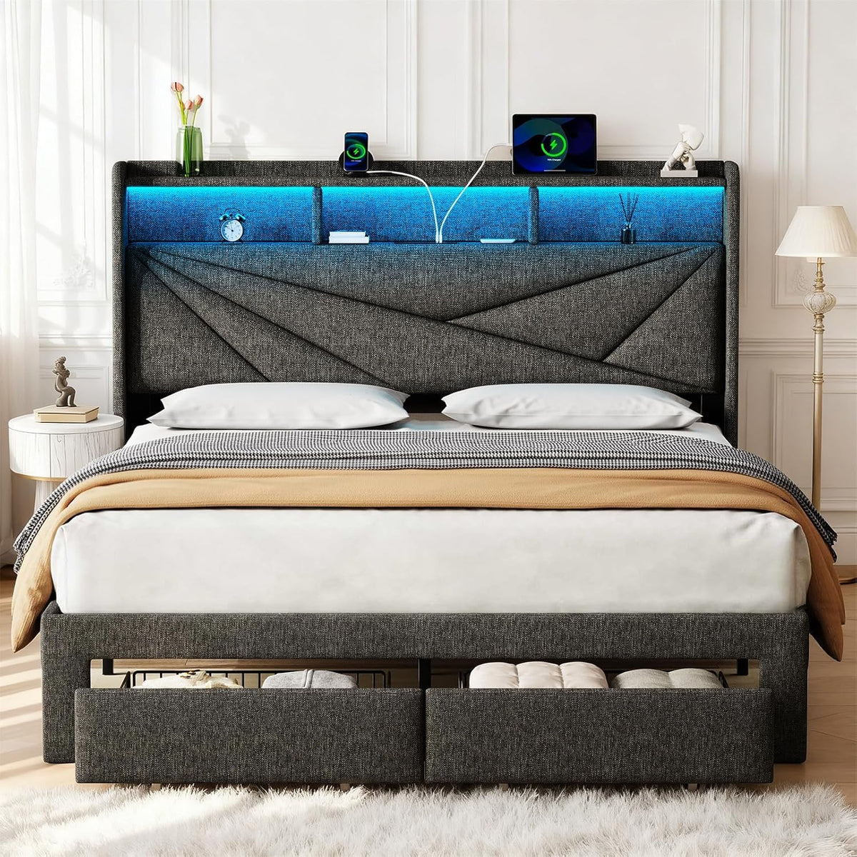 Queen Bed Frame with 2 Storage Drawers and Upholstered Headboard N622
