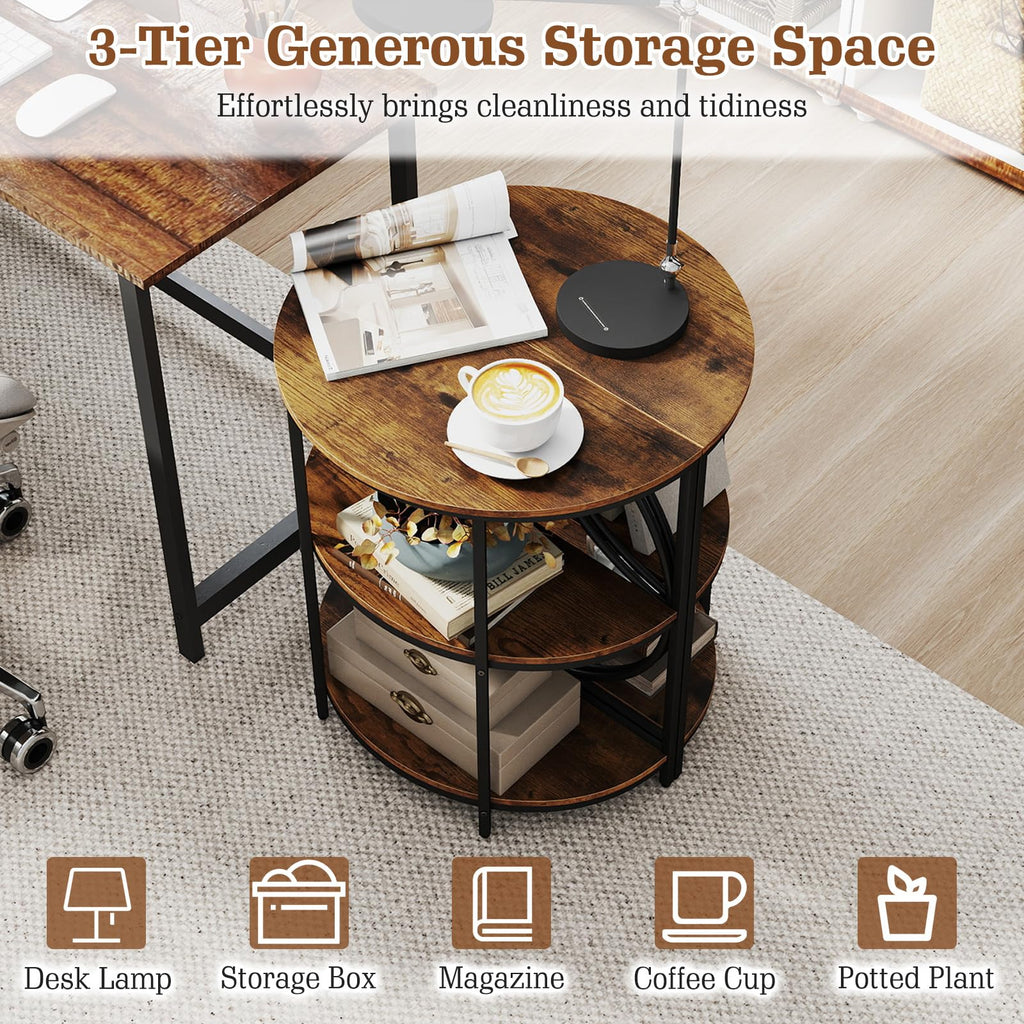 Half Round 3-Tier Sofa Side Table with Storage Shelves O45928