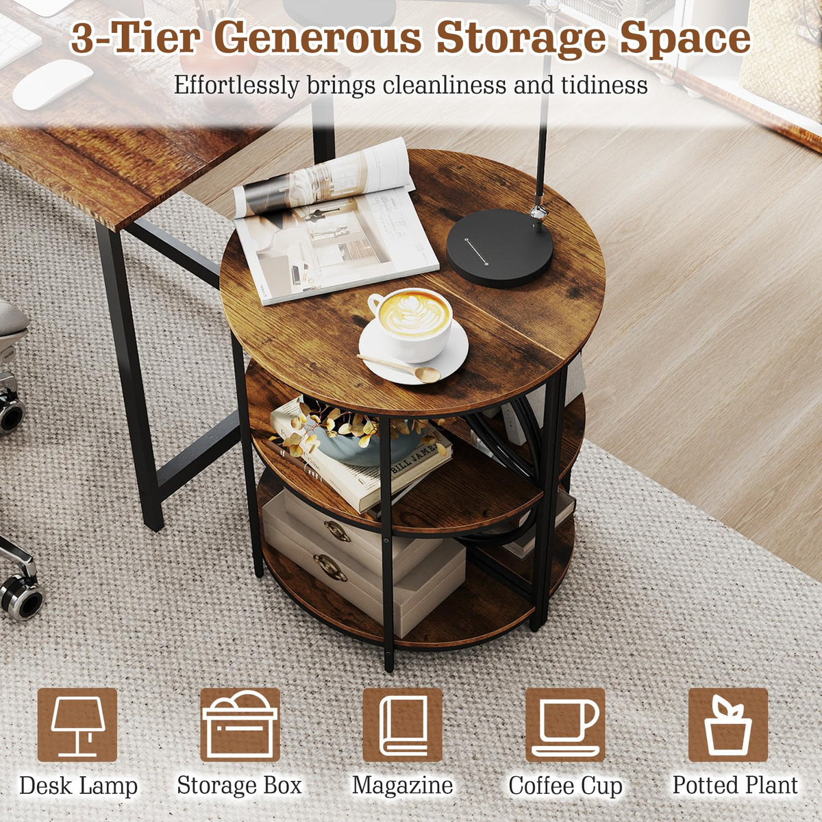Half Round 3-Tier Sofa Side Table with Storage Shelves O45928