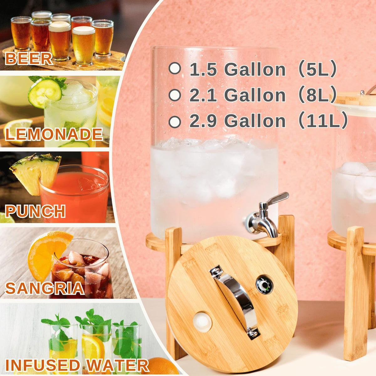 2.1 Gallon Glass Beverage Dispenser with Bamboo Stand and Spigot W1533