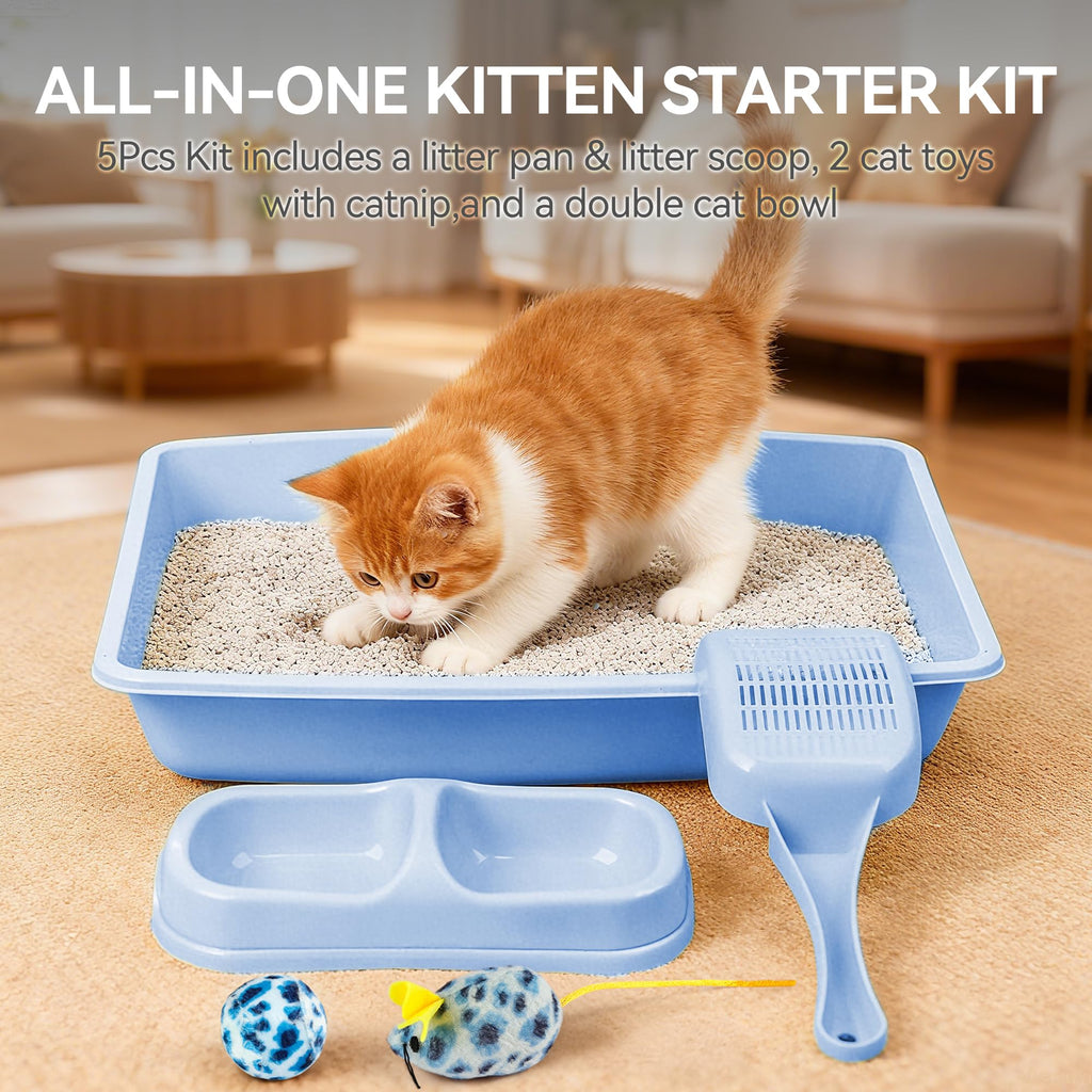 Cat Litter Box Set with Litter Scoop, Double Dish Cat Bowl, Mouse and Ball Toy J11374