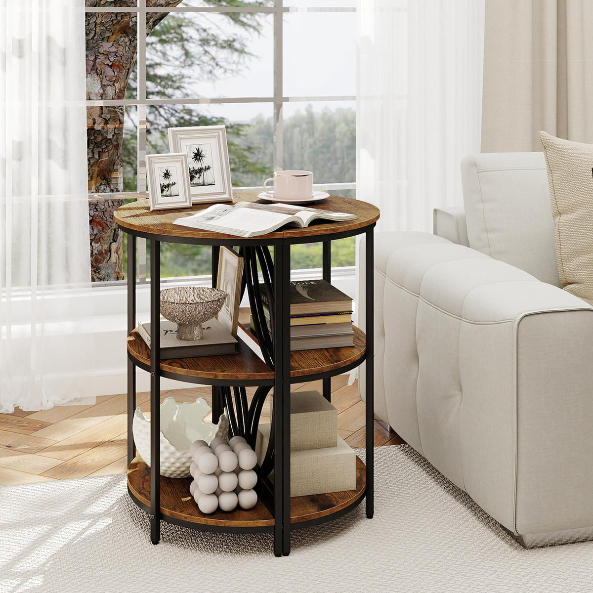 Half Round 3-Tier Sofa Side Table with Storage Shelves O45928