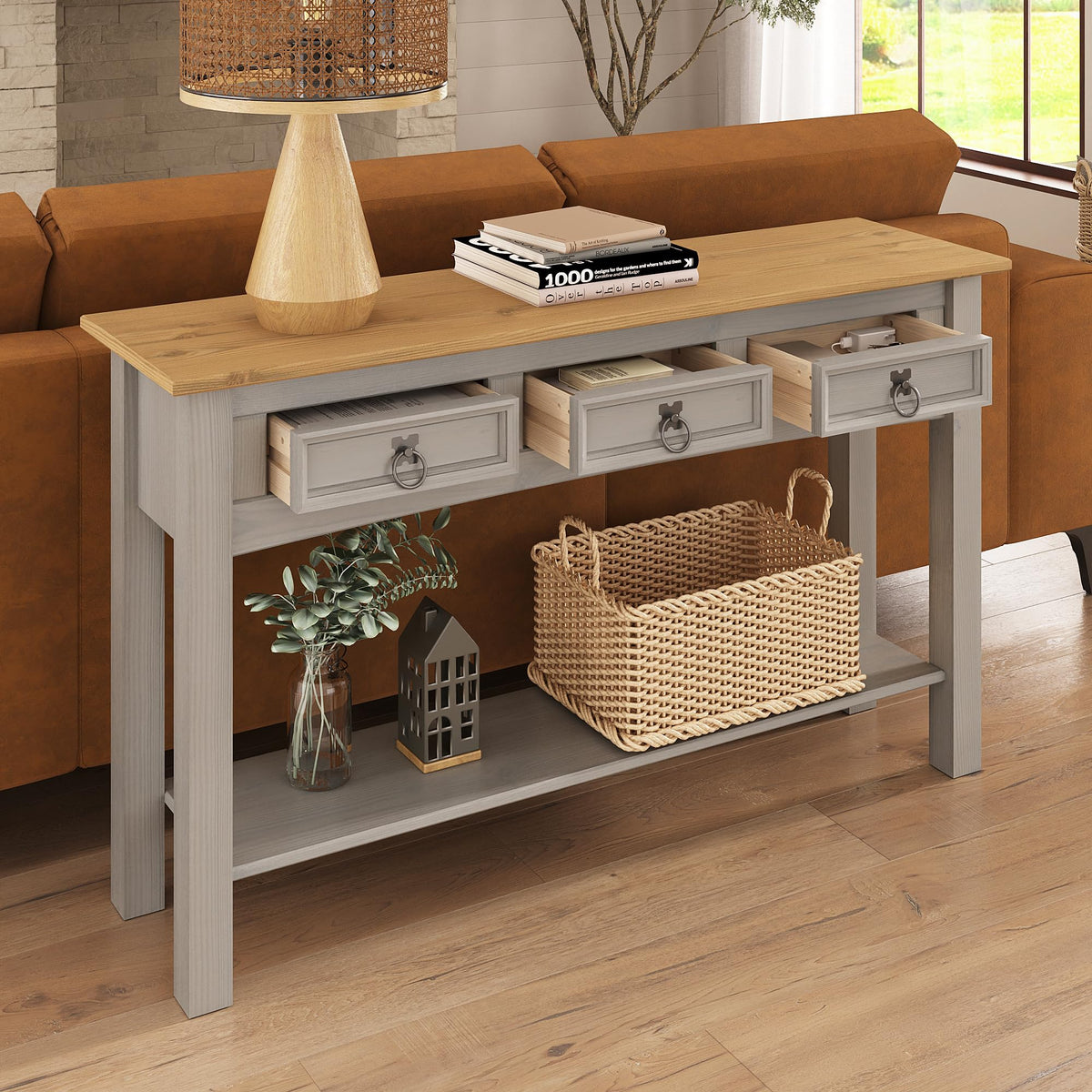 Solid Wood Console Table with 3 Drawers I906