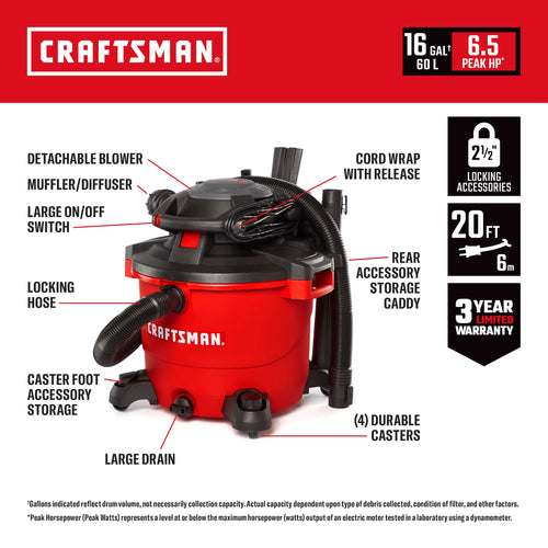 16 Gallon 6.5 Peak HP Wet Dry Vac with Detachable Blower Y367631