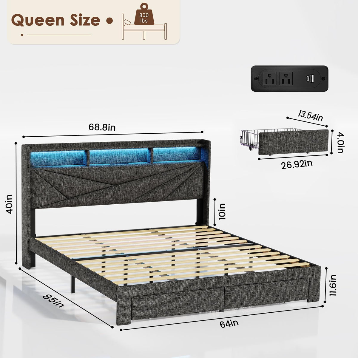 Queen Bed Frame with 2 Storage Drawers and Upholstered Headboard N622