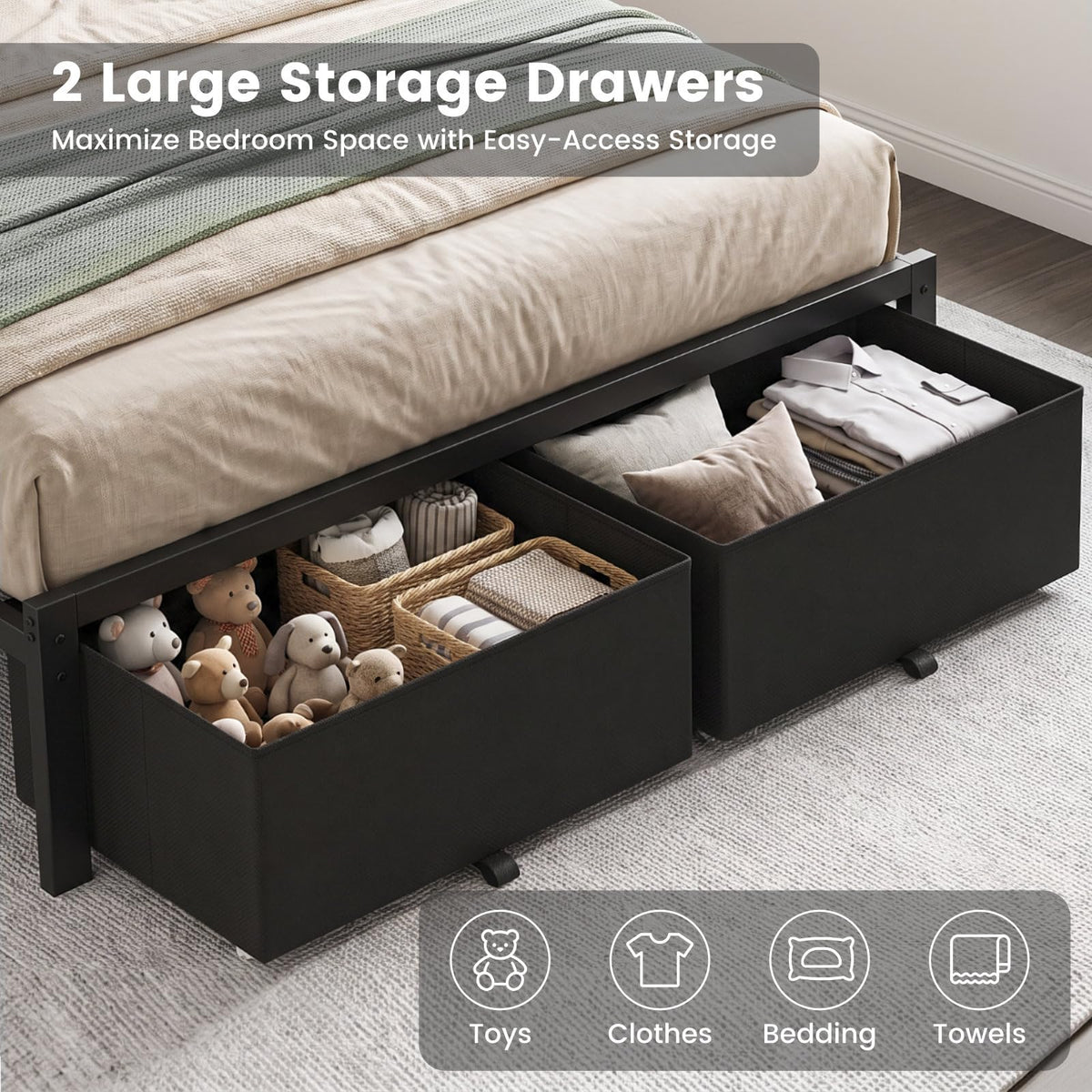 Full Size Bed Frame with Upholstered Headboard and 2 Storage Drawers P6785