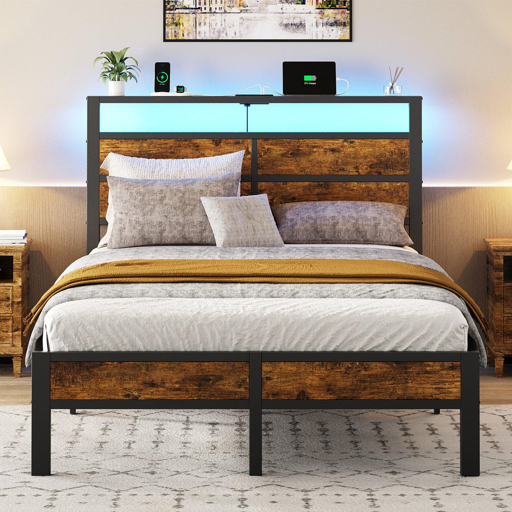 Full Size Platform Bed Frame with Charging Station Headboard and LED Lights O18231