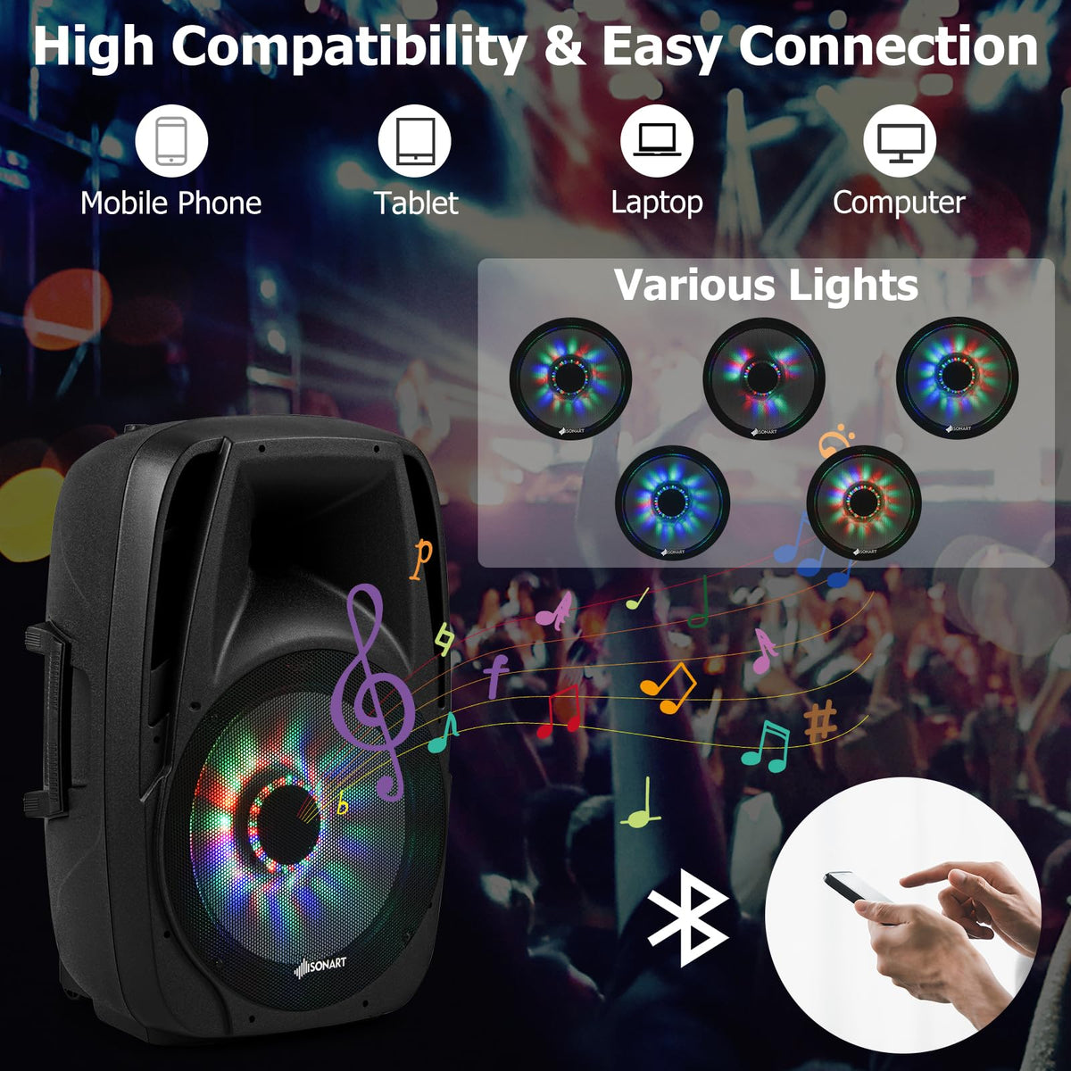 Portable 15" 1500W 2-Way Bluetooth PA Speaker System Set with Stand K458
