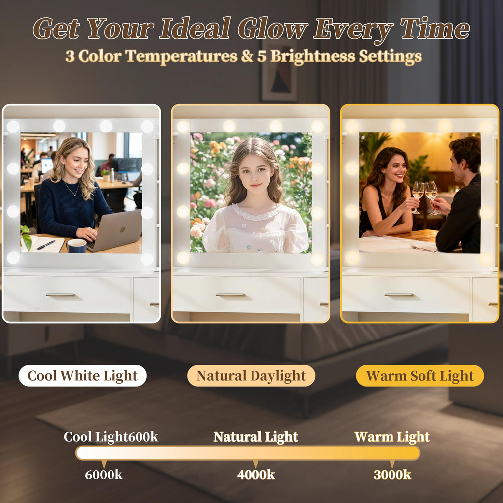 White Makeup Vanity Desk with Lights and Mirror Y14613