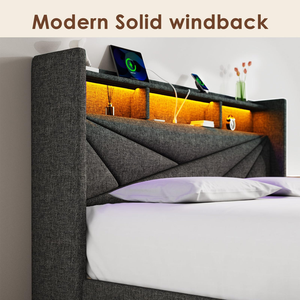 Queen Bed Frame with 2 Storage Drawers and Upholstered Headboard N622