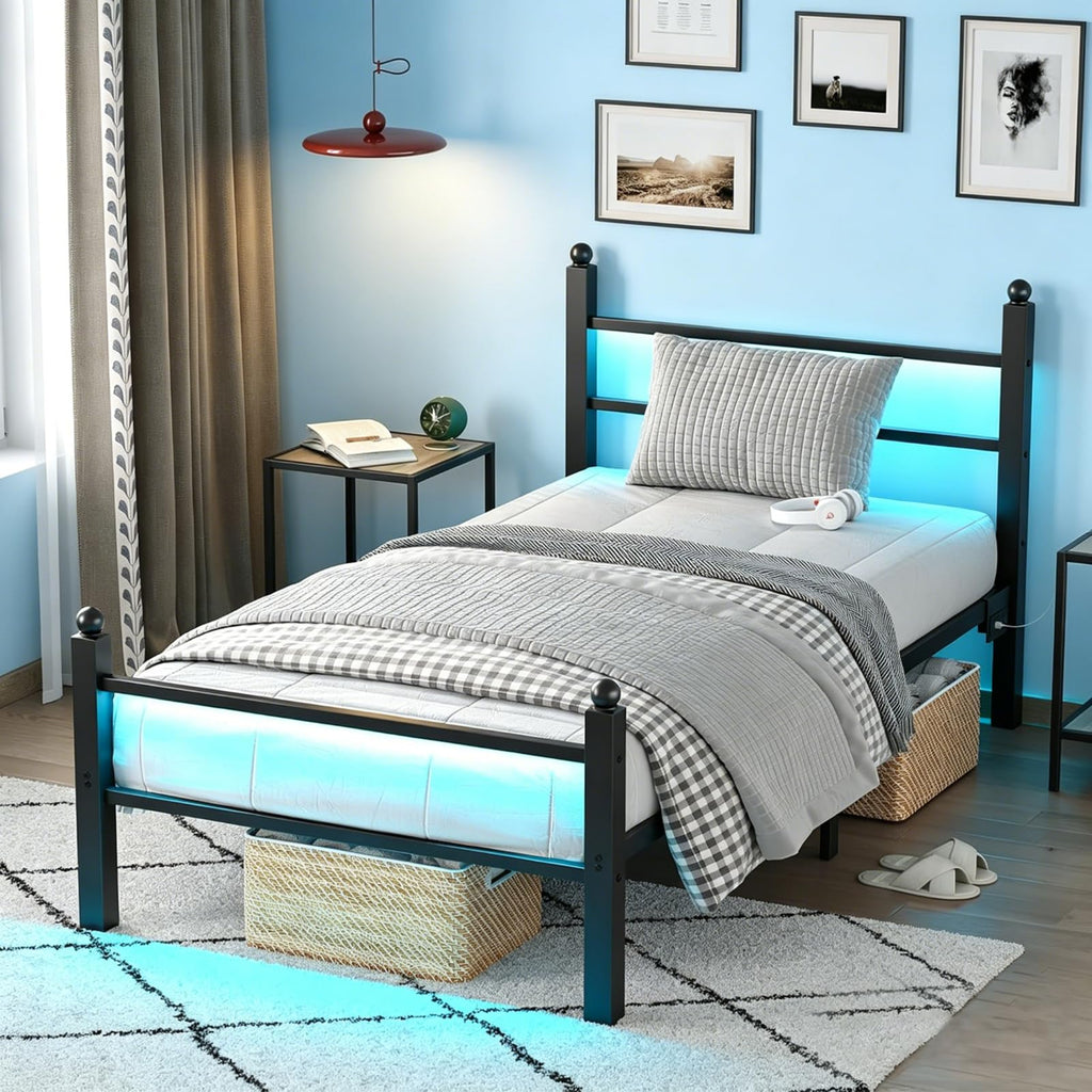 Black Twin Bed Frame with LED Lights and Charging Station G388