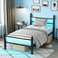 Black Twin Bed Frame with LED Lights and Charging Station G388