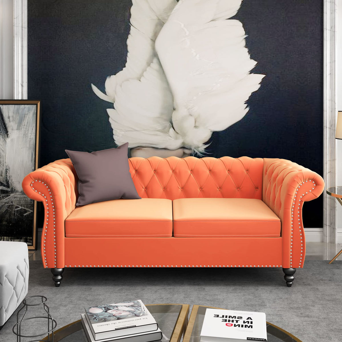 Orange Velvet Chesterfield Sofa Loveseat and Chair H807887