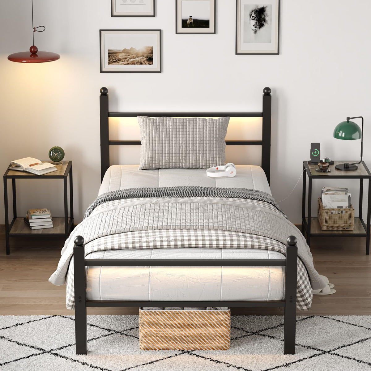 Black Twin Bed Frame with LED Lights and Charging Station G388