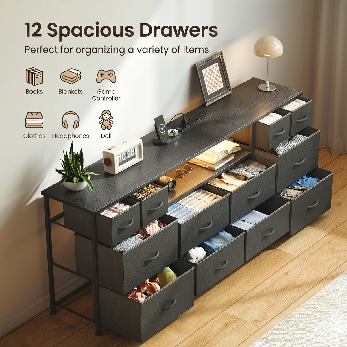 63 Inch 12 Drawer Black Dresser T8890
