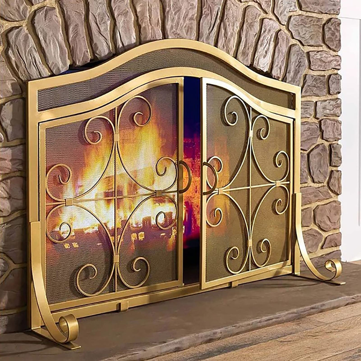 Gold Scroll Metal Fireplace Screen with 2 Doors D71379
