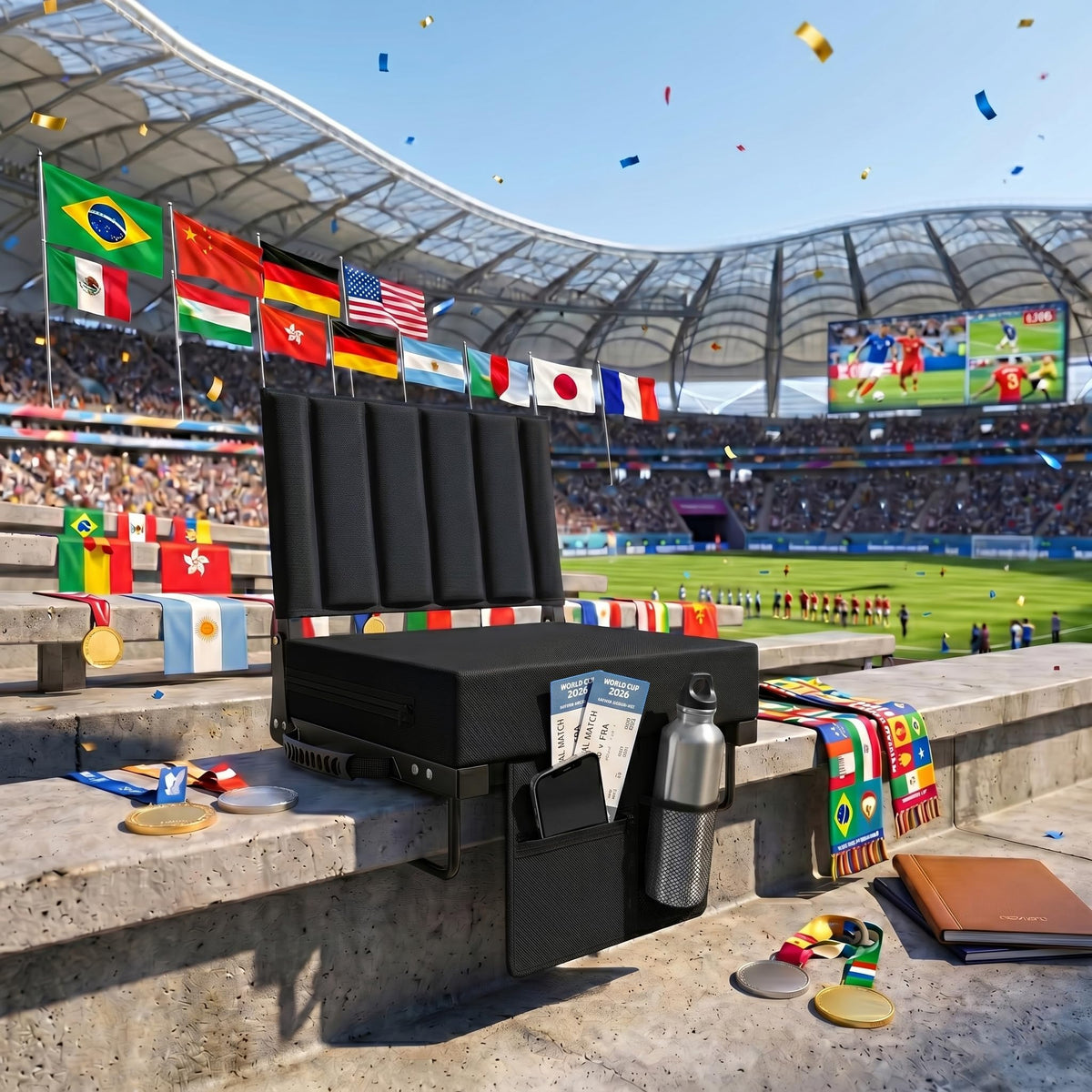 Black Padded Portable Folding Stadium Seat with Back Support and Cup Holder Z82087