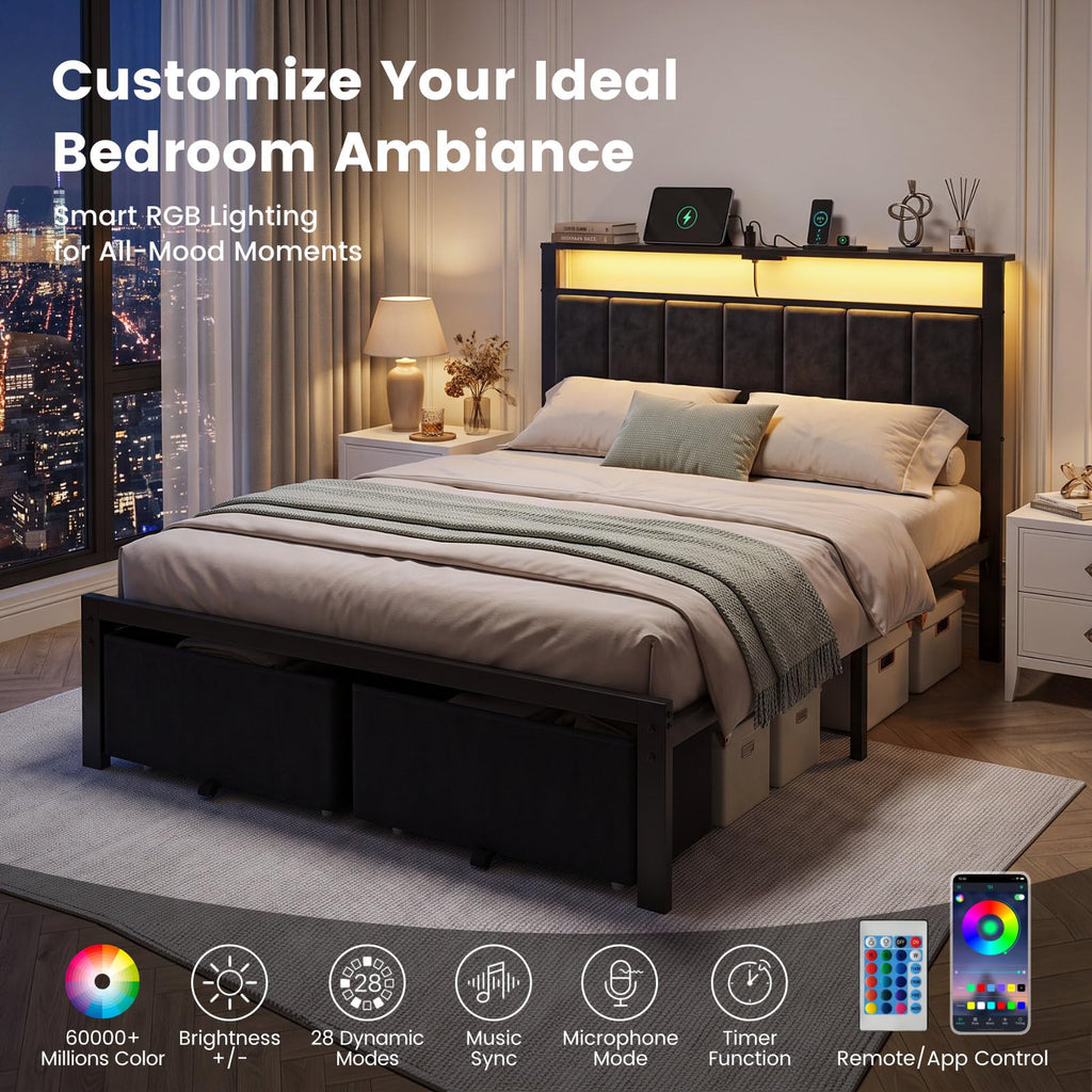 Full Size Bed Frame with Upholstered Headboard and 2 Storage Drawers P6785