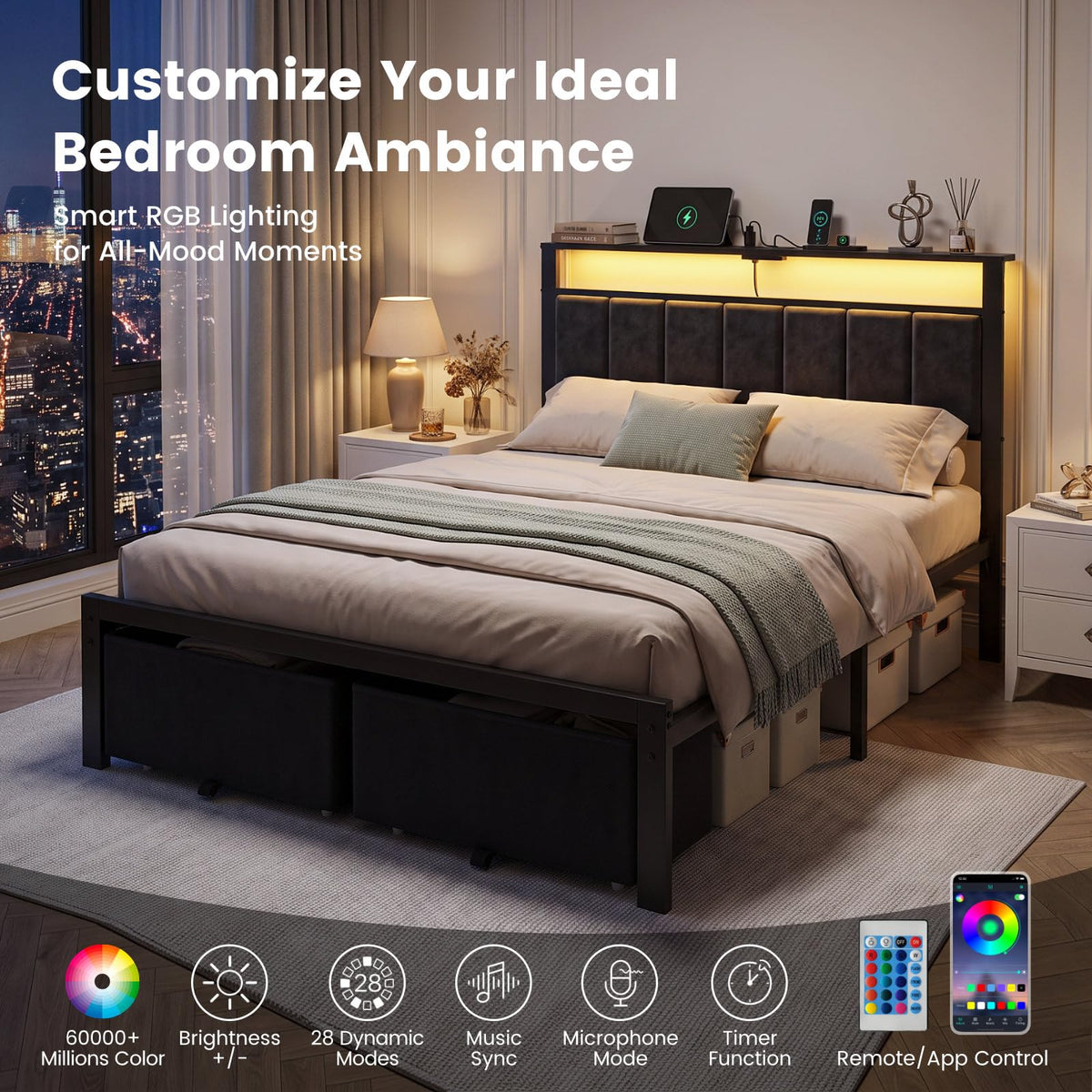 Full Size Bed Frame with Upholstered Headboard and 2 Storage Drawers P6785