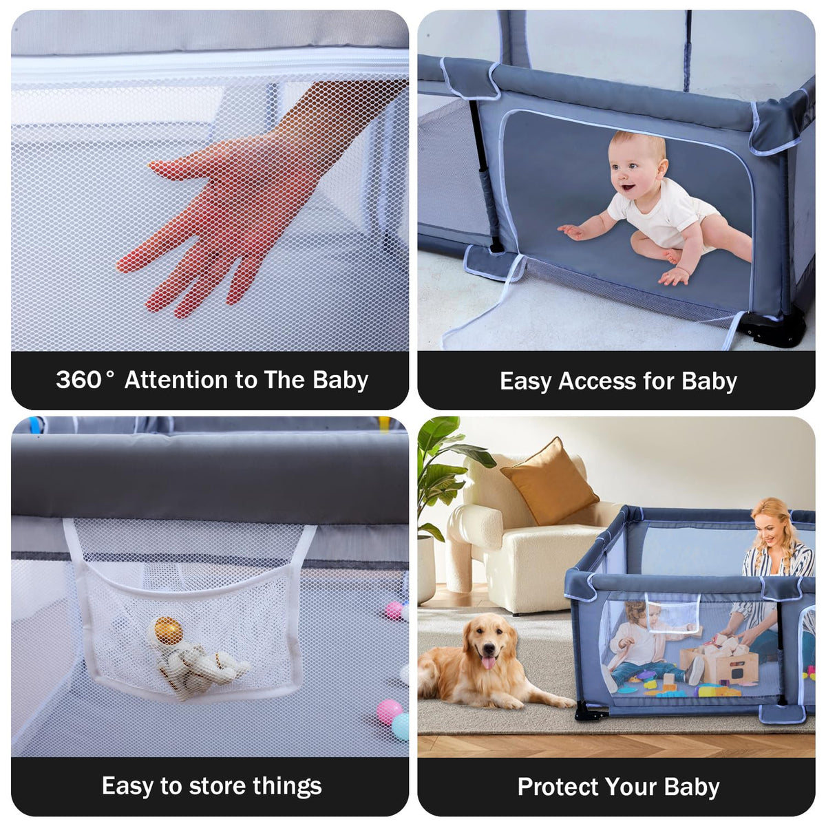 Foldable Baby Playpen with Mat and Storage Bags J36122