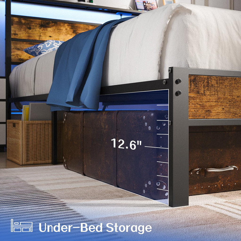 Full Size Platform Bed Frame with Charging Station Headboard and LED Lights O18231