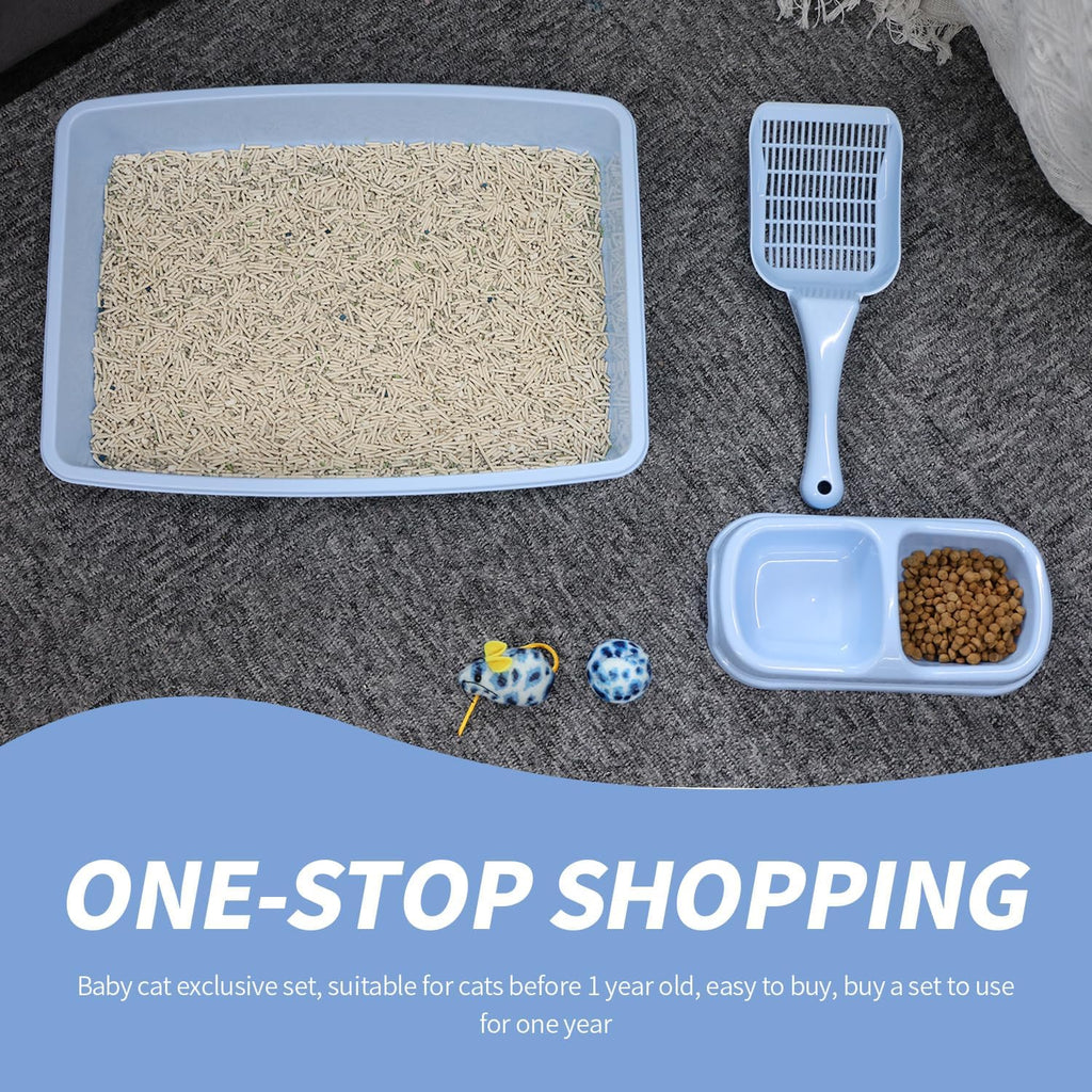 Cat Litter Box Set with Litter Scoop, Double Dish Cat Bowl, Mouse and Ball Toy J11374
