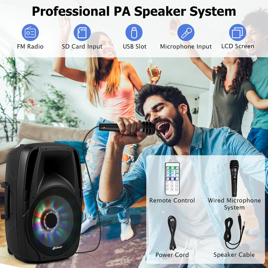 Portable 15" 1500W 2-Way Bluetooth PA Speaker System Set with Stand K458