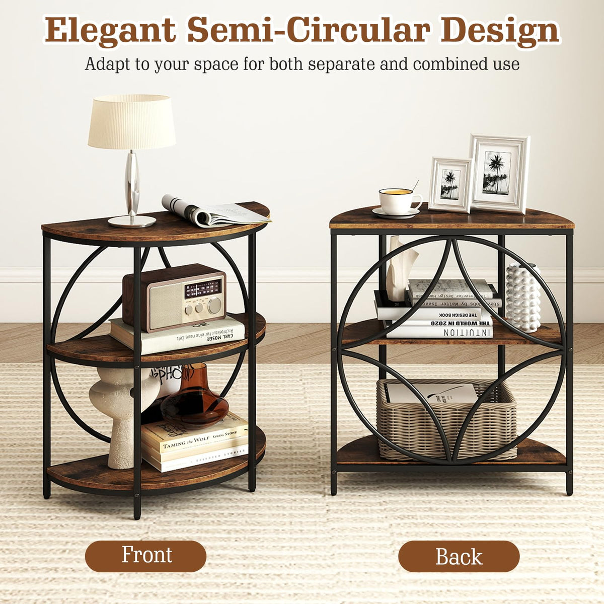 Half Round 3-Tier Sofa Side Table with Storage Shelves O45928
